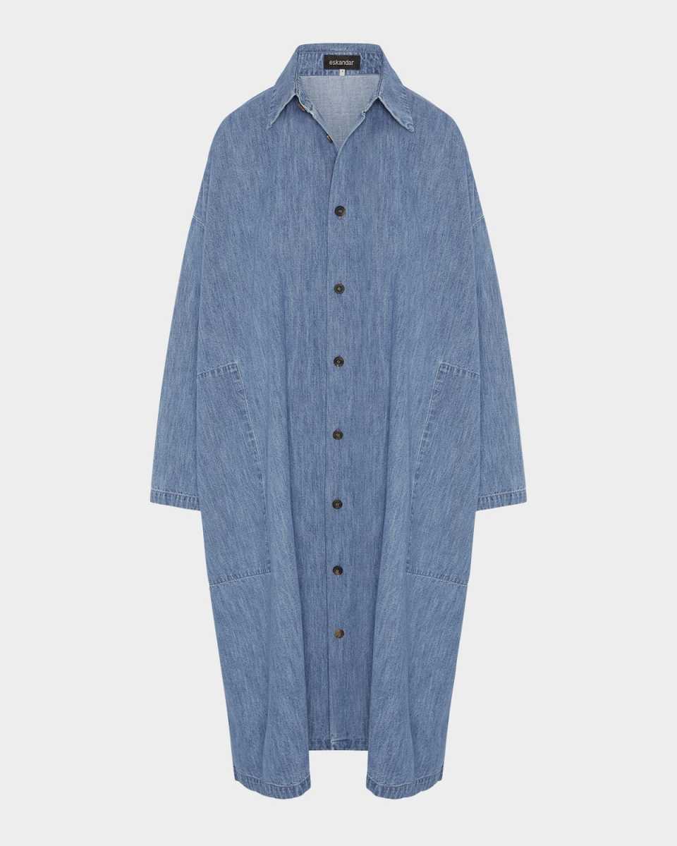 Denim Wide A-Line Back-Pleat Shirtdress With Collar